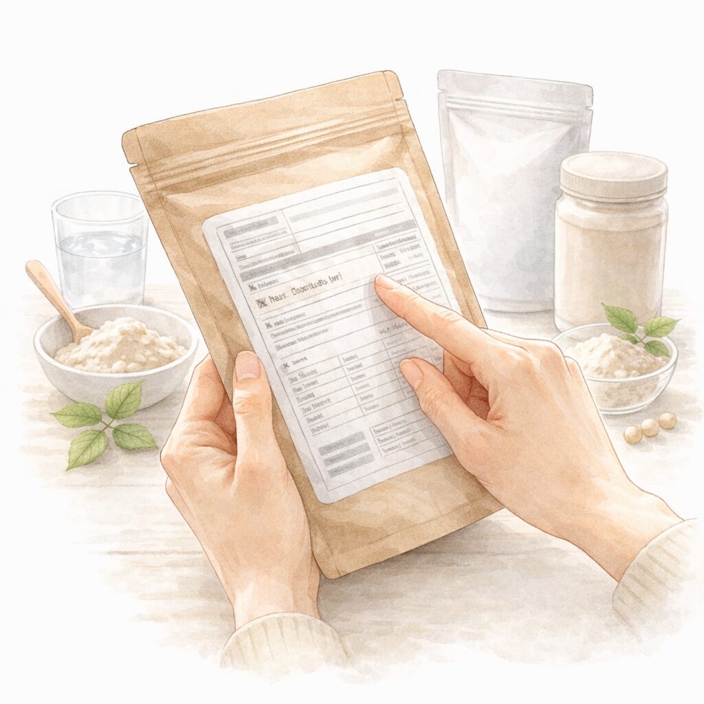 ソイプロテインの原材料表示を確認して人工甘味料の有無をチェックする手元の水彩イラスト