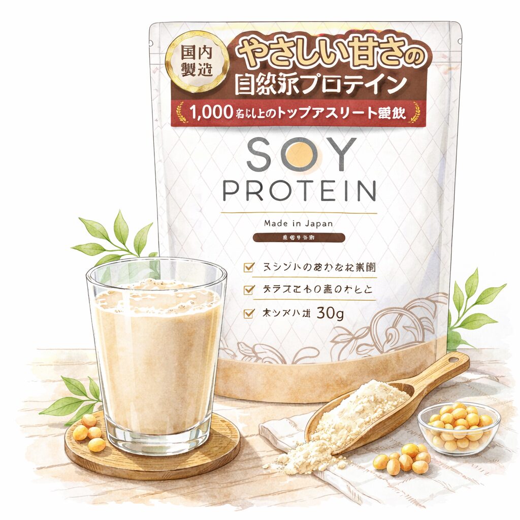 uFitデザインのソイプロテイン袋とグラスに入ったドリンクを描いた水彩イラスト