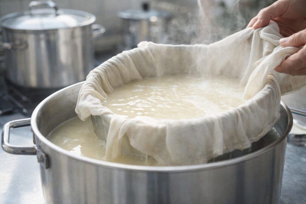 布でこして豆乳を作る工程を写した写真風イメージ｜豆乳の製法と種類を知る