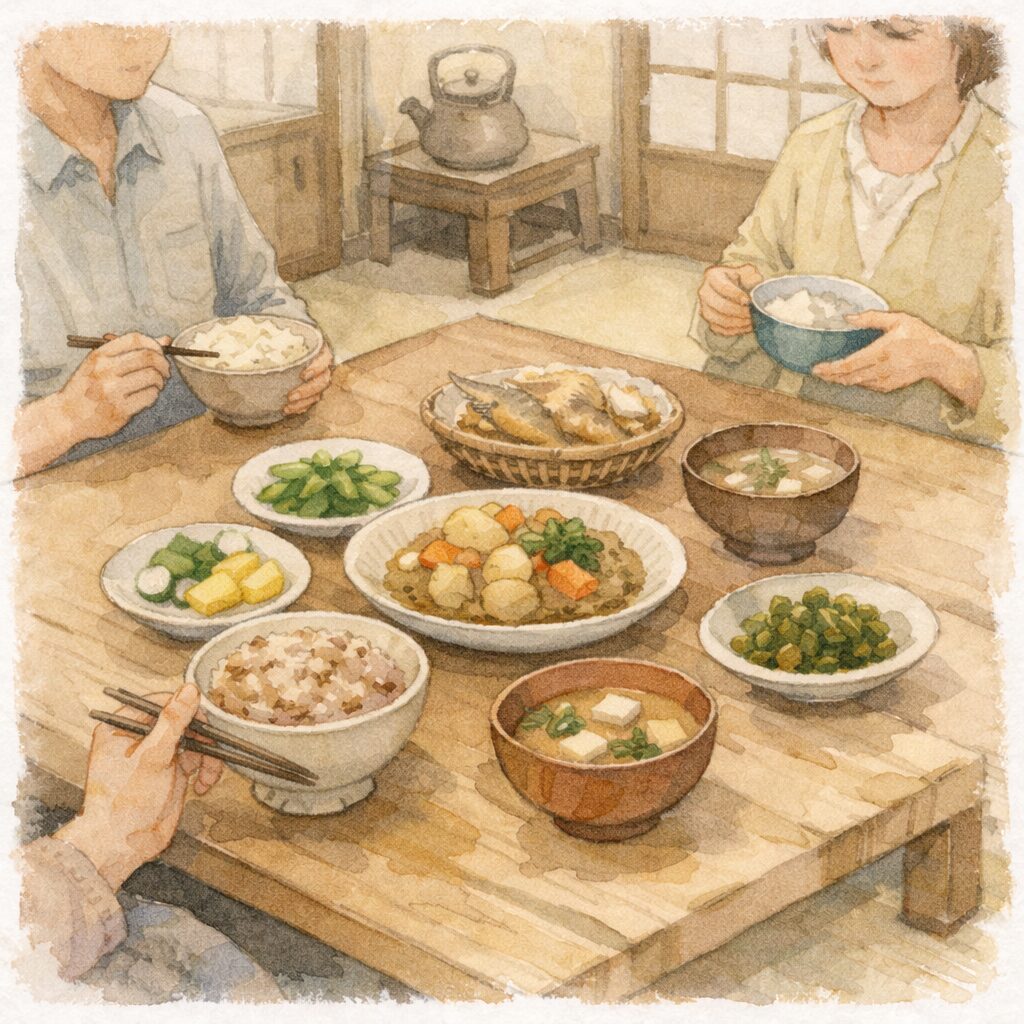 昔の日本の家庭で、ごはんや野菜の煮物、漬物など様々な料理が並ぶ食卓風景の水彩イラスト