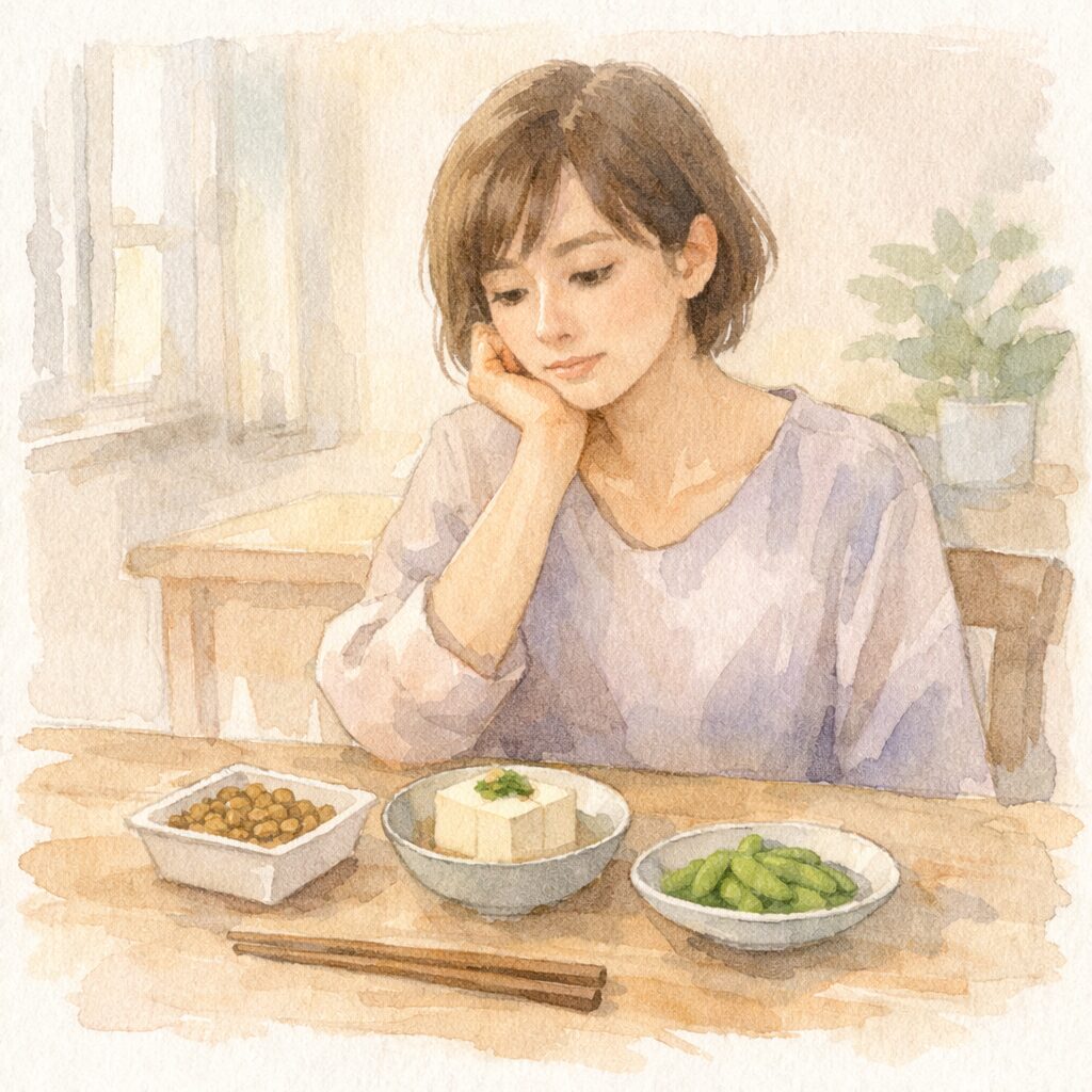 納豆や豆腐、枝豆などの大豆食品を前に、食べるか迷う40代女性の水彩イラスト