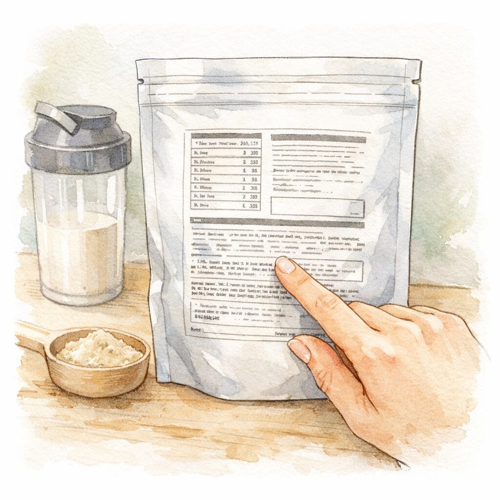 ソイプロテインの成分表示を確認してたんぱく質量をチェックするイメージの水彩イラスト