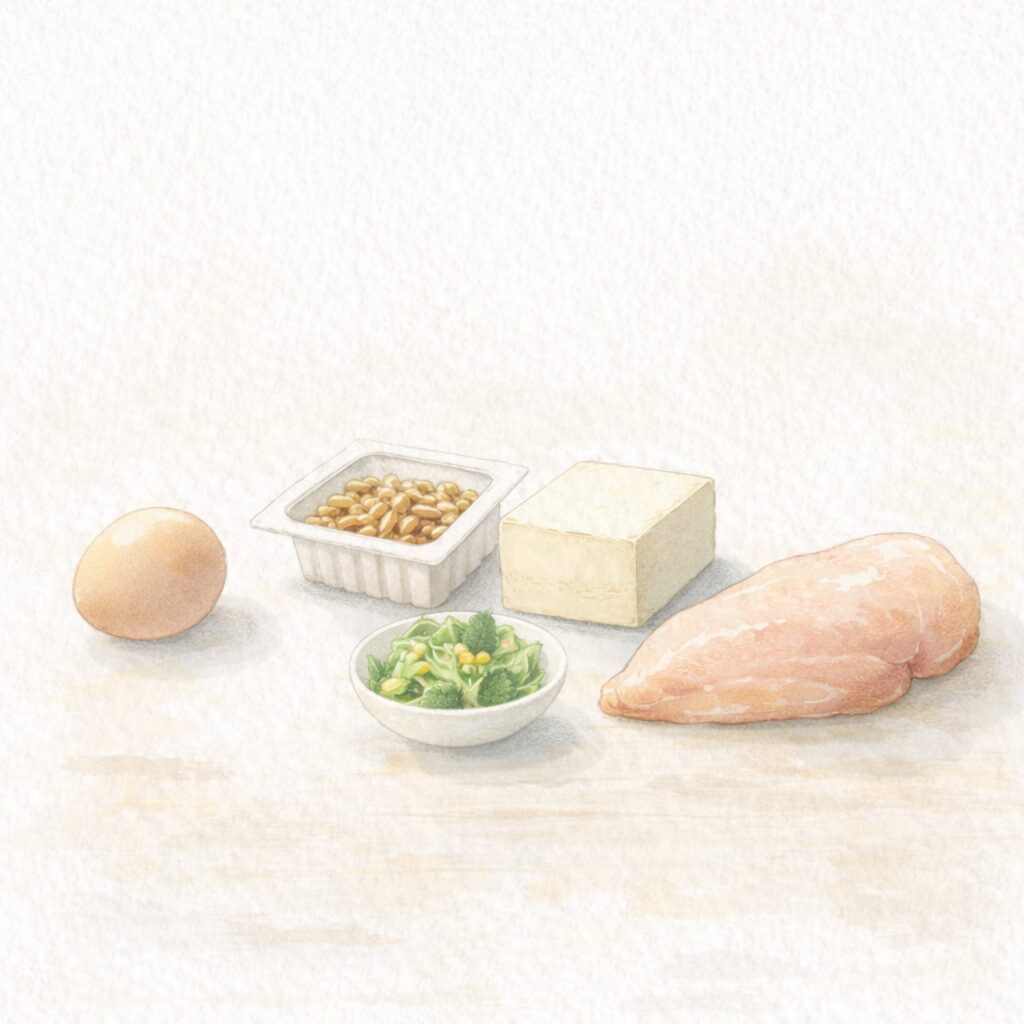 40代女性の1日に必要なたんぱく質量の目安となる卵・納豆・豆腐・鶏むね肉の水彩イラスト