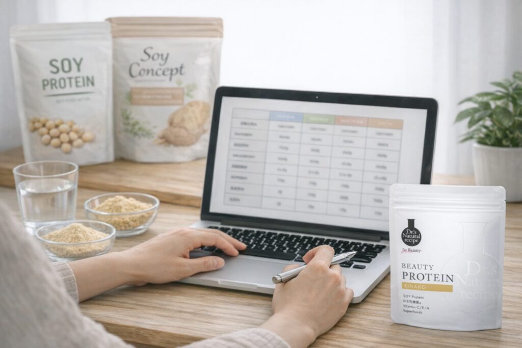 ノートパソコンでソイプロテインの比較表を確認しながら整理している手元の写真