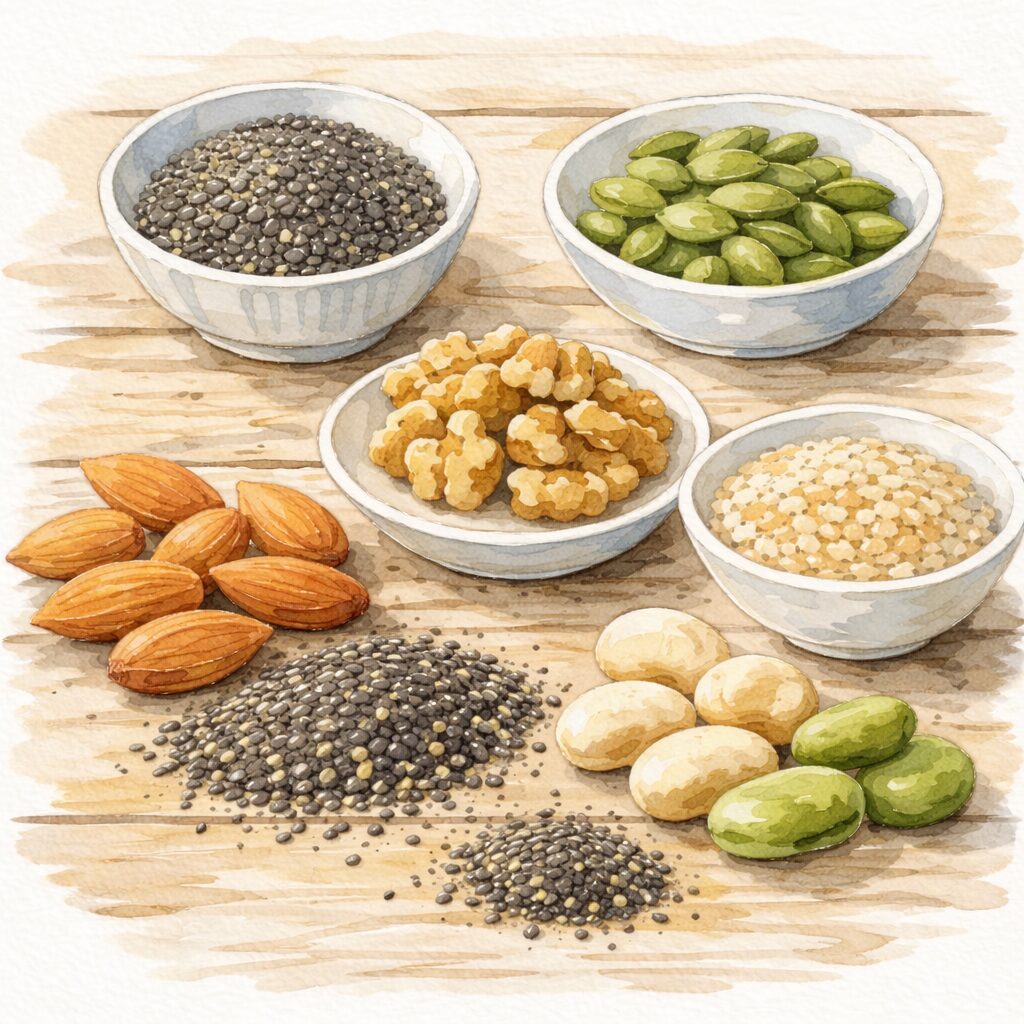アーモンドやくるみ、カシューナッツ、ごま、かぼちゃの種、チアシードなどがテーブルに並ぶ水彩イラスト
