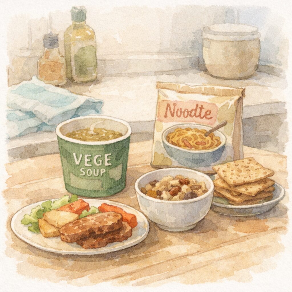 カップスープや簡単な麺類、シリアル、軽食などの補助的な食品が並ぶキッチンの水彩イラスト