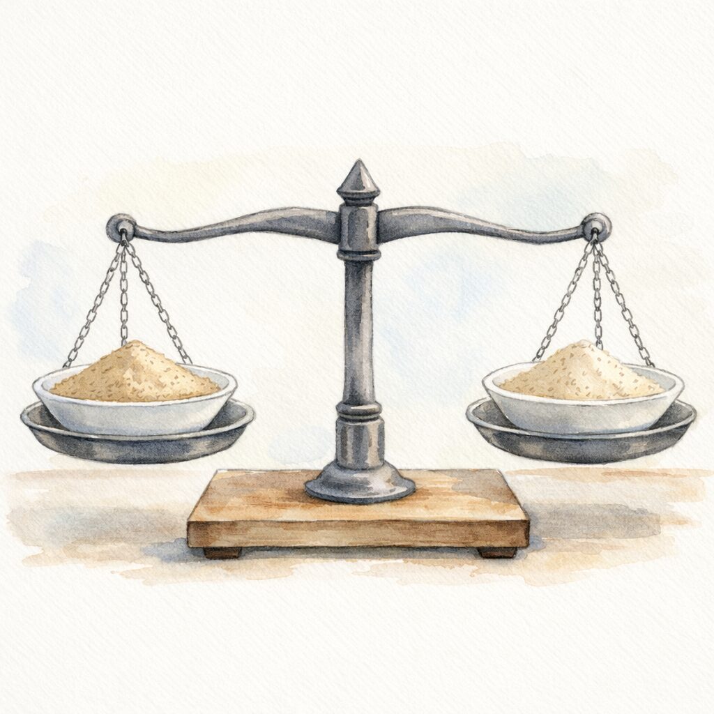 同じ量のプロテイン粉を載せた天秤が水平になっている水彩イラスト