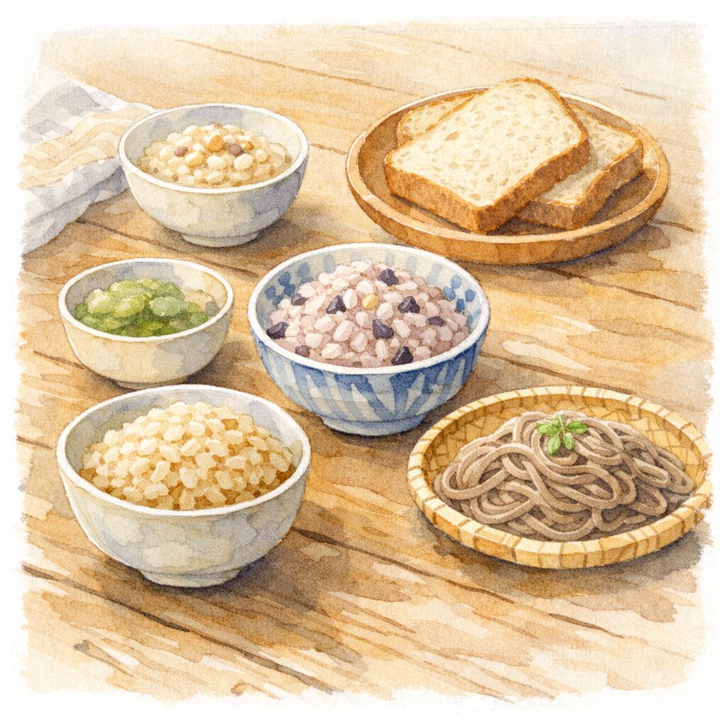 玄米や雑穀ごはん、全粒粉パン、オートミール、十割そばなどの穀類が並ぶ食卓の水彩イラスト