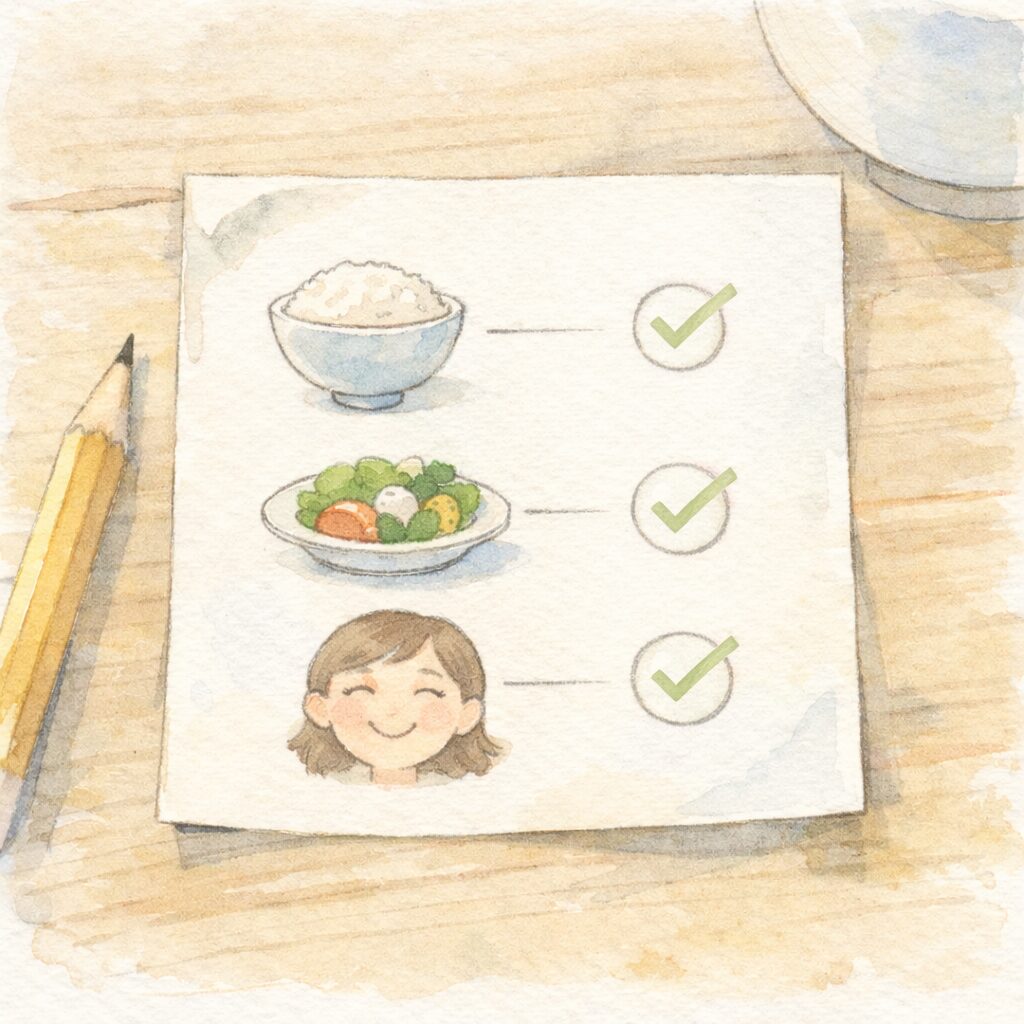 主食とおかず、満足そうな表情の人物アイコンにチェックが入ったメモを描いた水彩イラスト