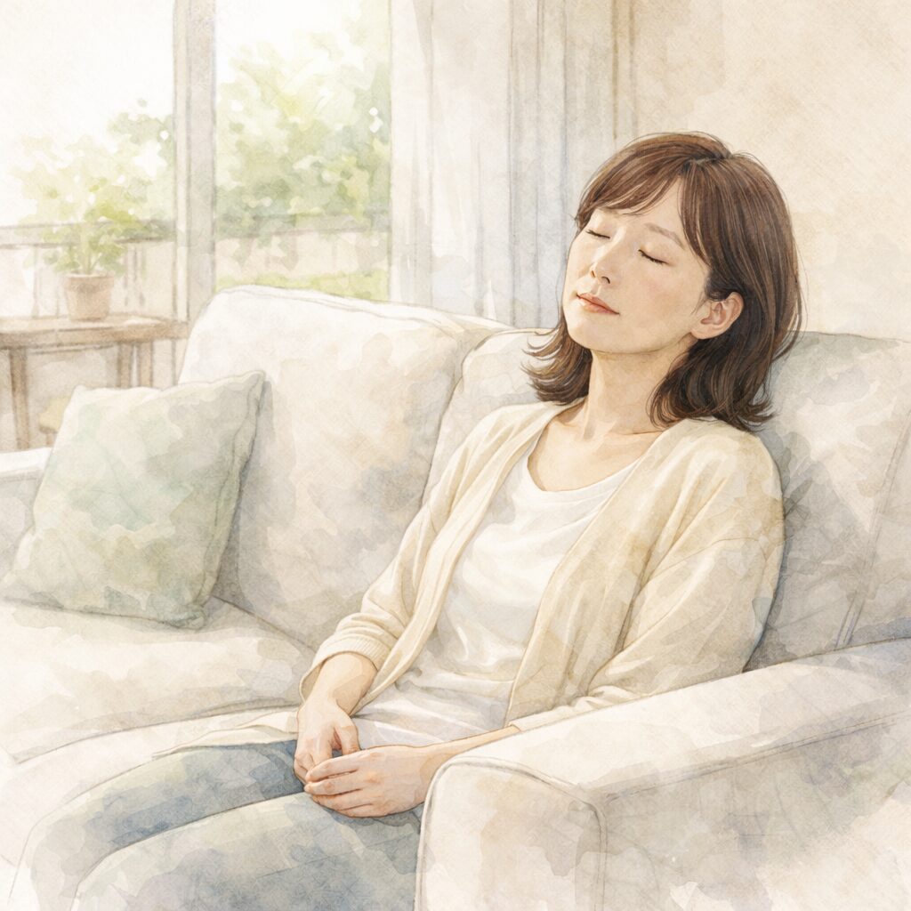 自宅のソファで少し休憩し、体の回復を感じ取る40代女性の水彩イラスト