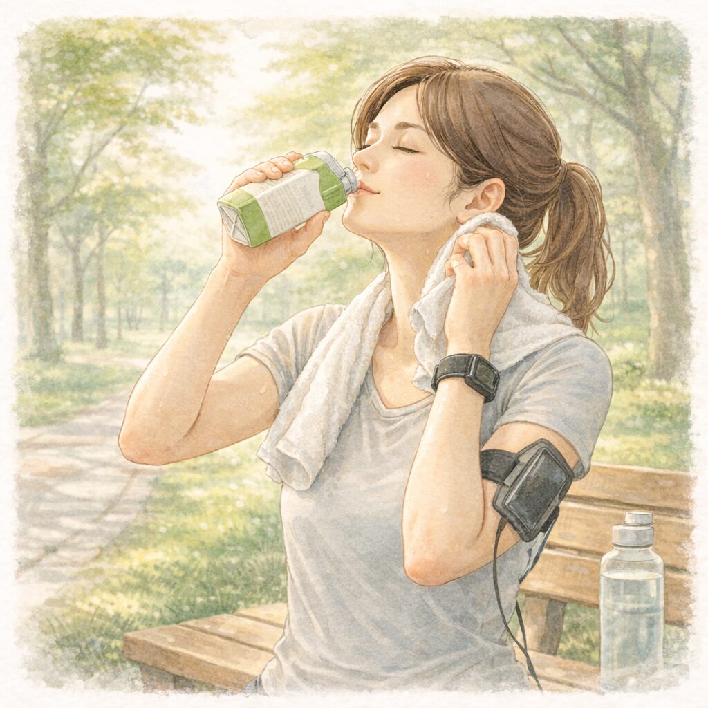 運動後に一息つきながら、無理なく豆乳を飲んでいる女性の水彩イラスト