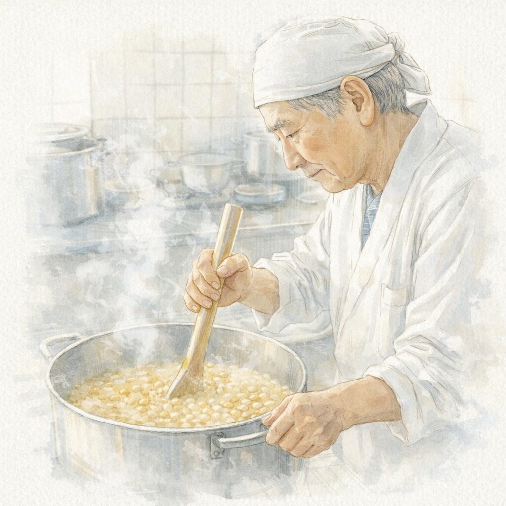 大豆を煮て豆乳を作る職人の様子を描いた水彩イラスト｜豆乳の基本的な作り方