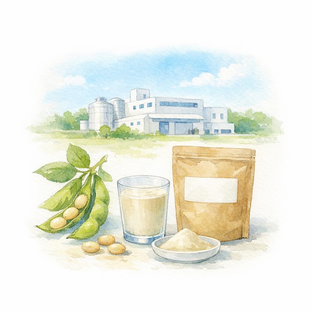 原料の大豆と国内製造をイメージした工場を描いた水彩イラスト