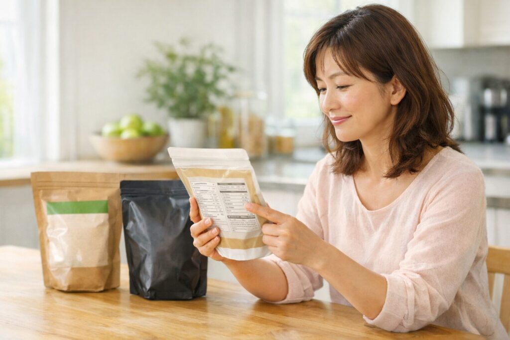 複数のソイプロテインを比較しながら成分表示を確認する40代女性の写真