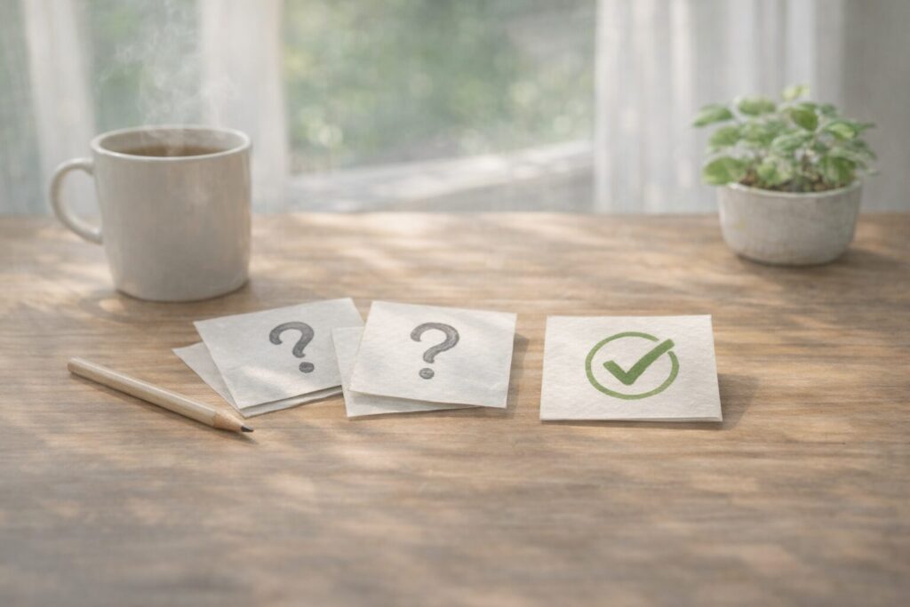 自然光の入る室内で、植物性の食事を前に穏やかに微笑むヴィーガン淑女の写真