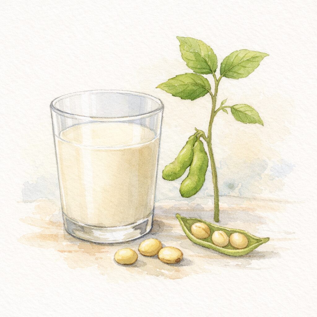 豆乳と成長途中の大豆を描いた水彩イラスト｜大豆イソフラボンを自然の流れで表現したイメージ