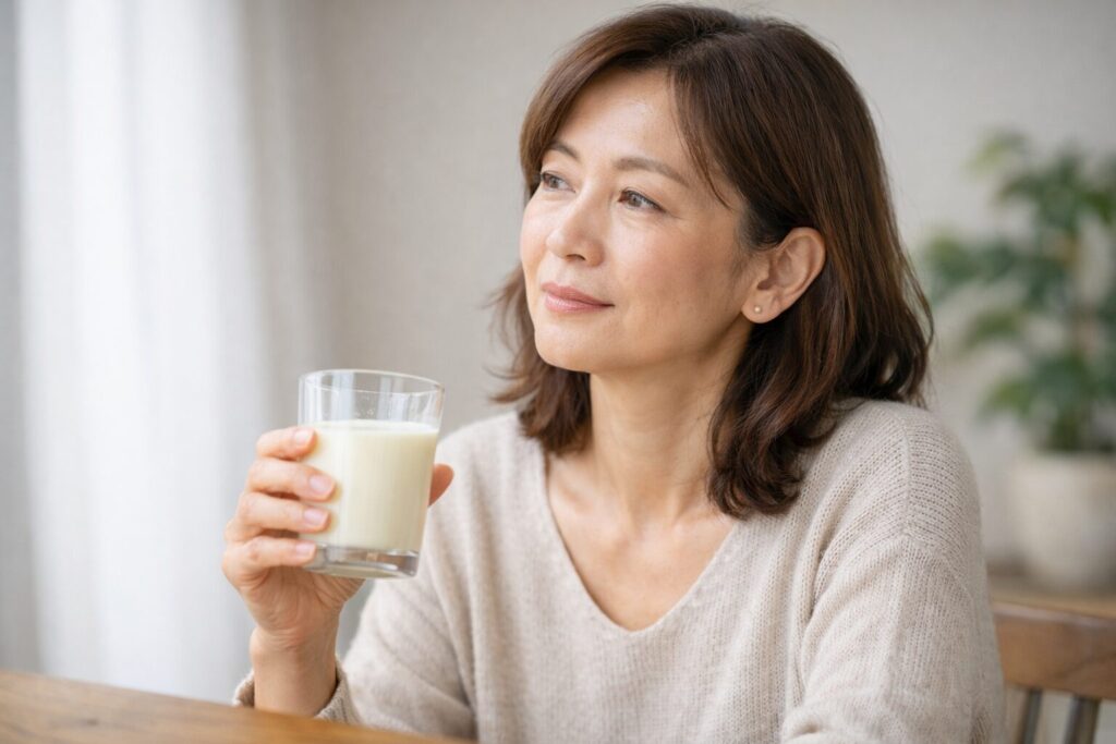 自然光の室内で豆乳を飲みながら体の感じ方を確かめる40代女性の写真