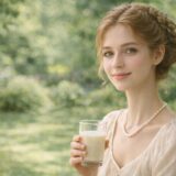 庭園を背景に豆乳の入ったグラスを手に穏やかな表情で正面を向くヴィーガン淑女