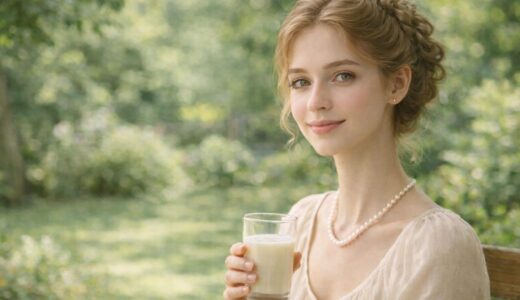 庭園を背景に豆乳の入ったグラスを手に穏やかな表情で正面を向くヴィーガン淑女