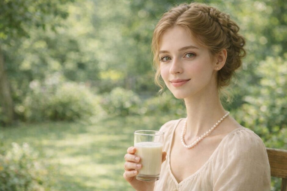 庭園を背景に豆乳の入ったグラスを手に穏やかな表情で正面を向くヴィーガン淑女