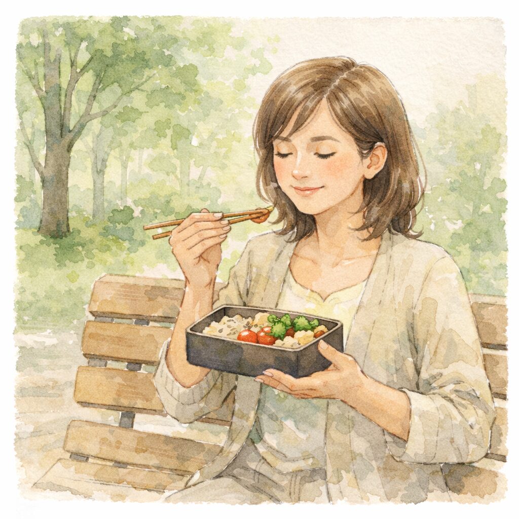 公園のベンチで、穀類と豆、野菜が入ったお弁当を穏やかに食べる40代女性の水彩イラスト
