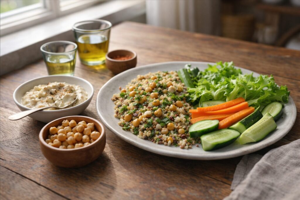 大豆を使わず、穀類とひよこ豆、野菜を中心にしたヴィーガンの食事例