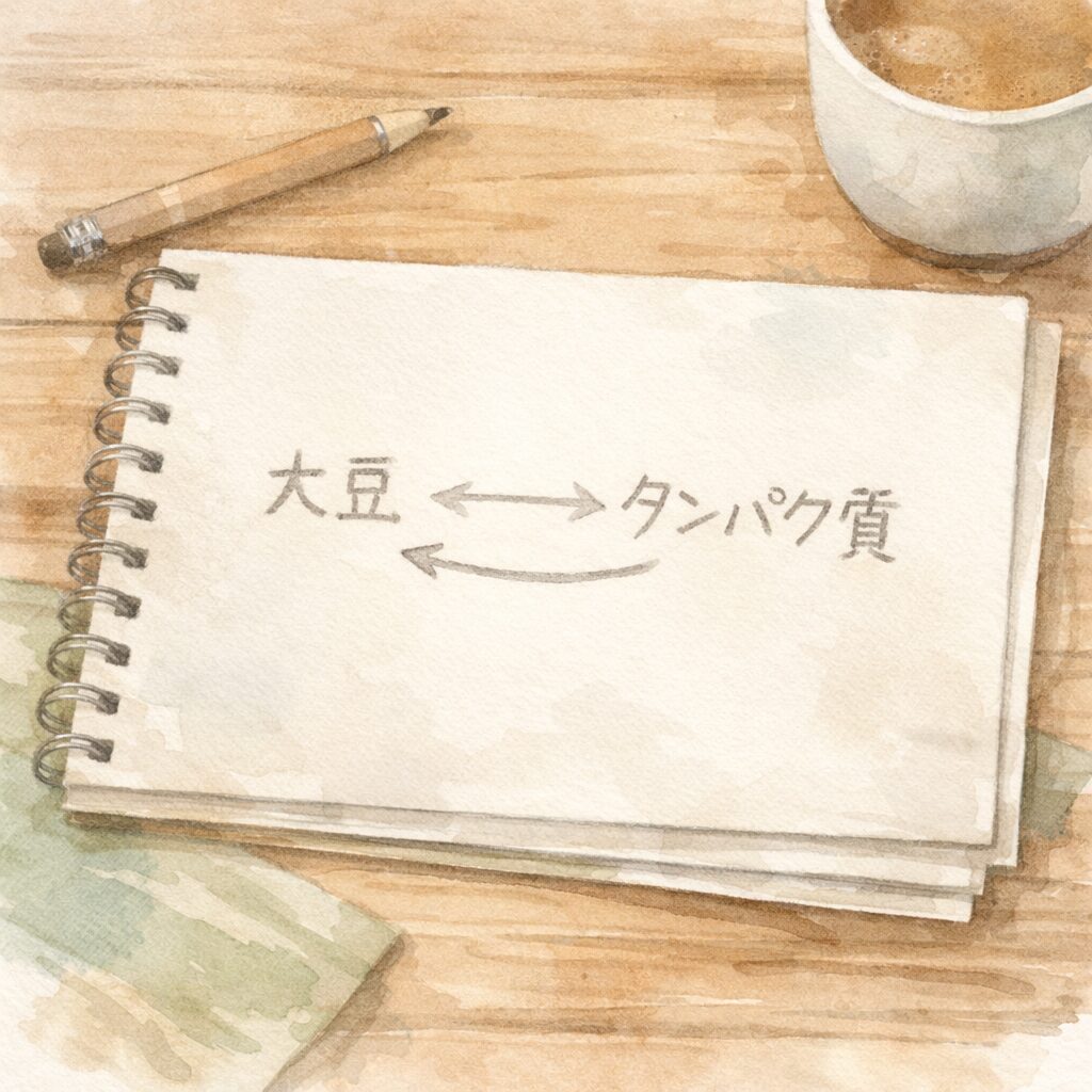 大豆とタンパク質が結び付けて示された、分かりやすい説明を表すメモの水彩イラスト