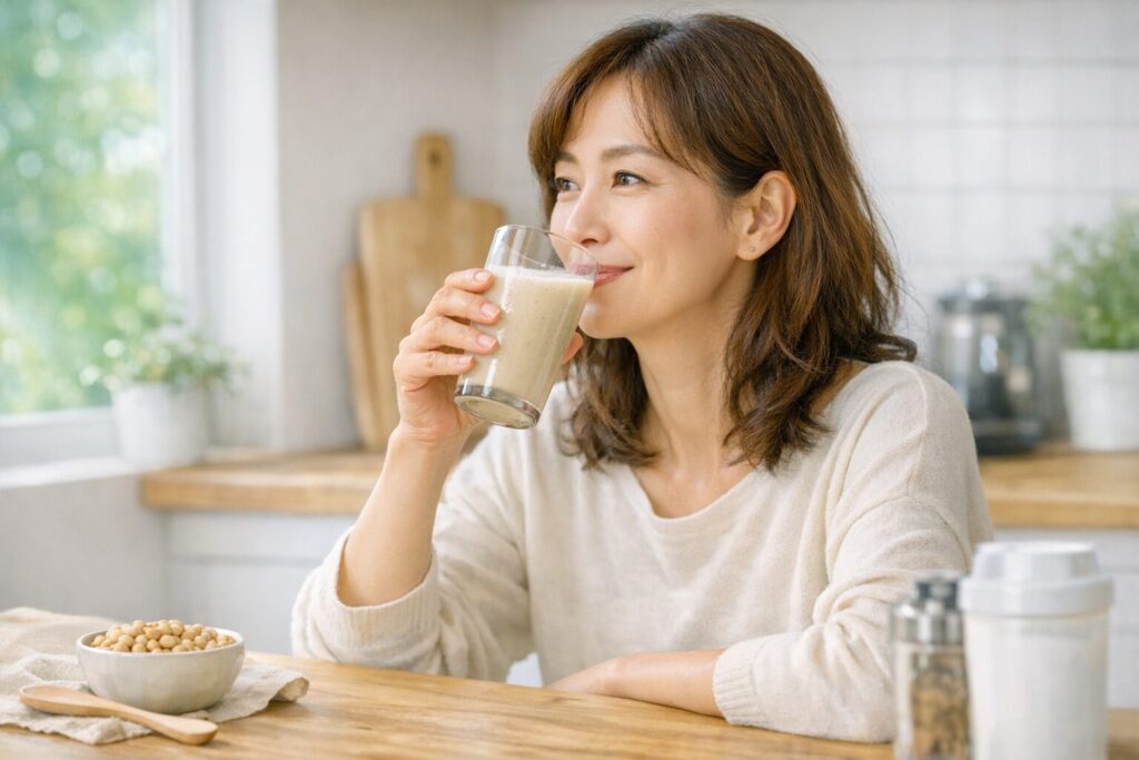 朝のキッチンでソイプロテインドリンクを飲む40代女性の写真