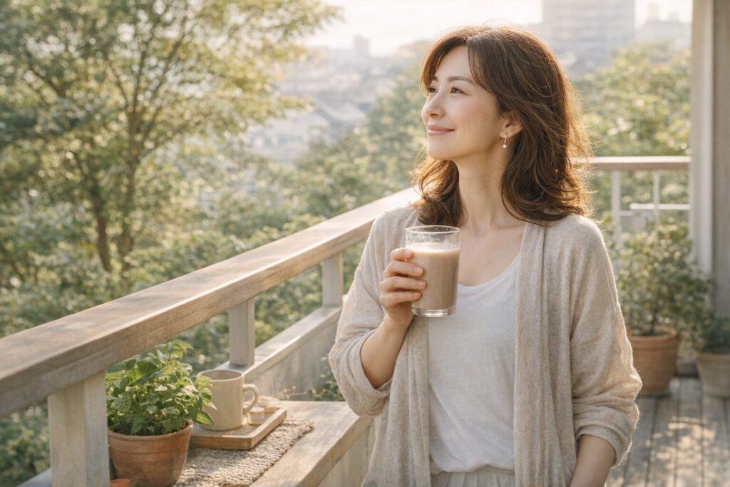 朝のベランダでソイプロテインを飲みながら穏やかに微笑む40代女性の写真