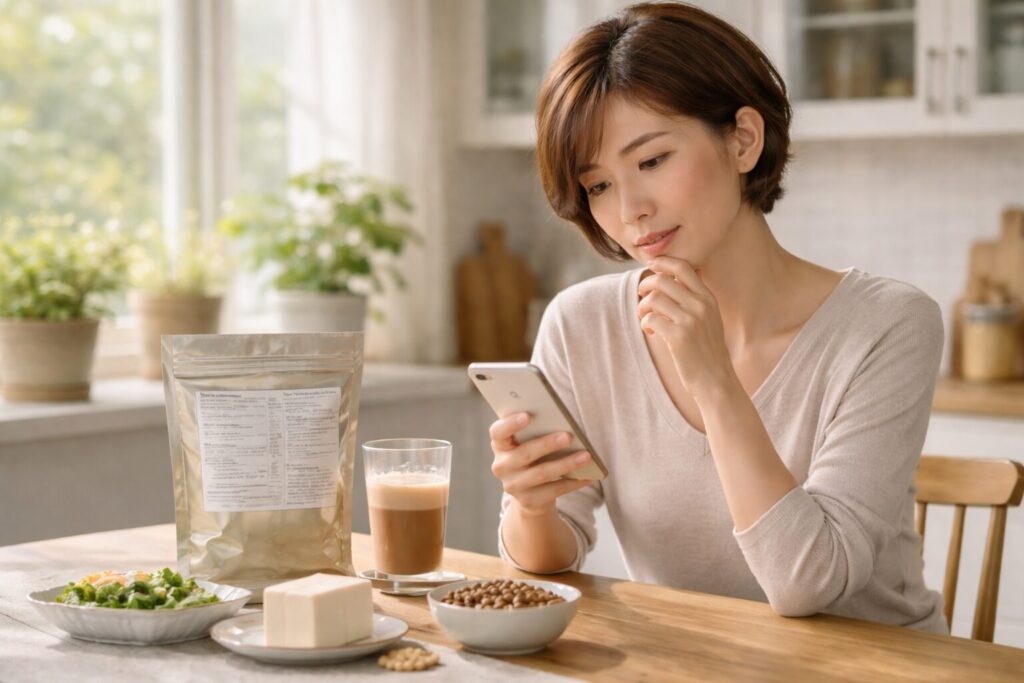 ソイプロテイン女性おすすめを探しながら成分を確認する40代女性のイメージ写真