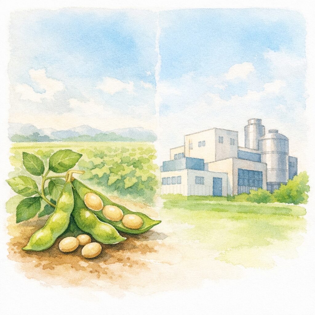 大豆畑と清潔な食品工場を並べて原料と製造背景を表現した水彩イラスト