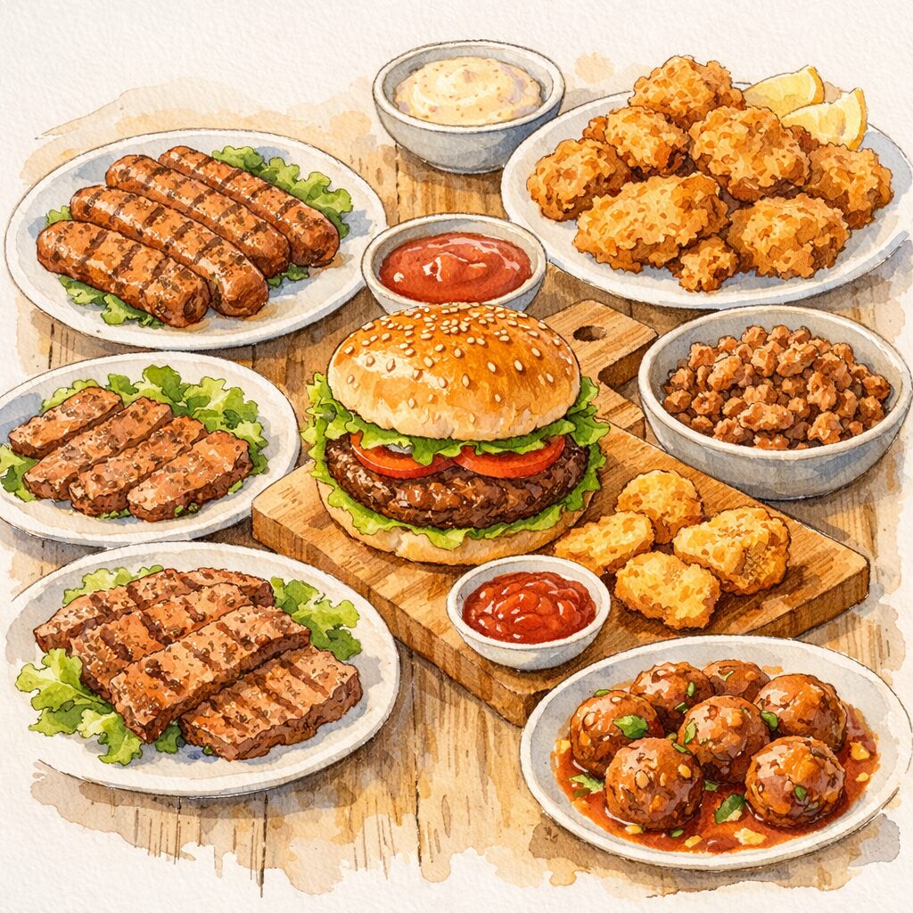 ヴィーガン擬似肉のハンバーグやソーセージ、ミートボールなどがテーブルに並ぶ水彩イラスト