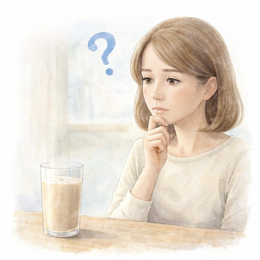 やや不安そうな表情の40代女性が、テーブルの上のプロテインドリンクを見つめながら疑問を感じている様子の水彩イラスト