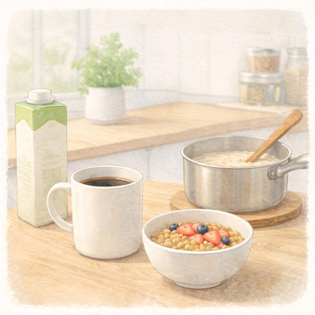 コーヒーや料理、シリアルなど用途別に使われる豆乳のイメージイラスト