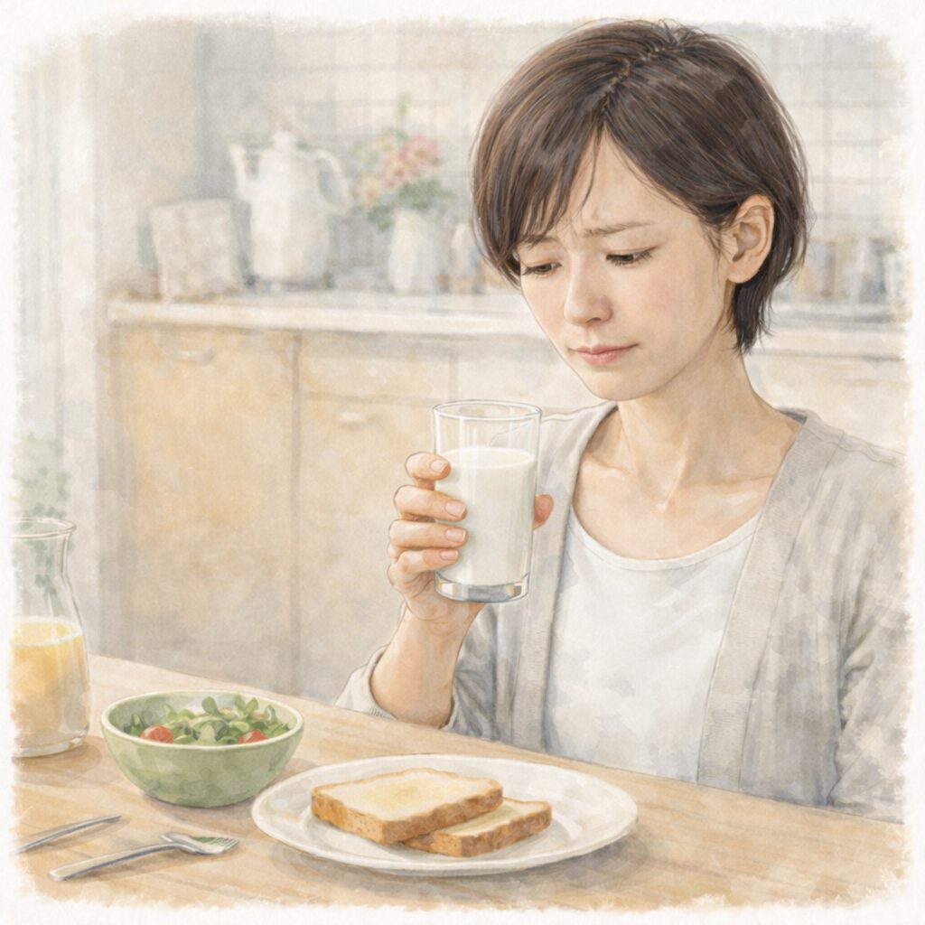 朝食の席で牛乳を手に違和感を感じている女性を描いた水彩イラスト｜牛乳が重く感じやすい人のイメージ
