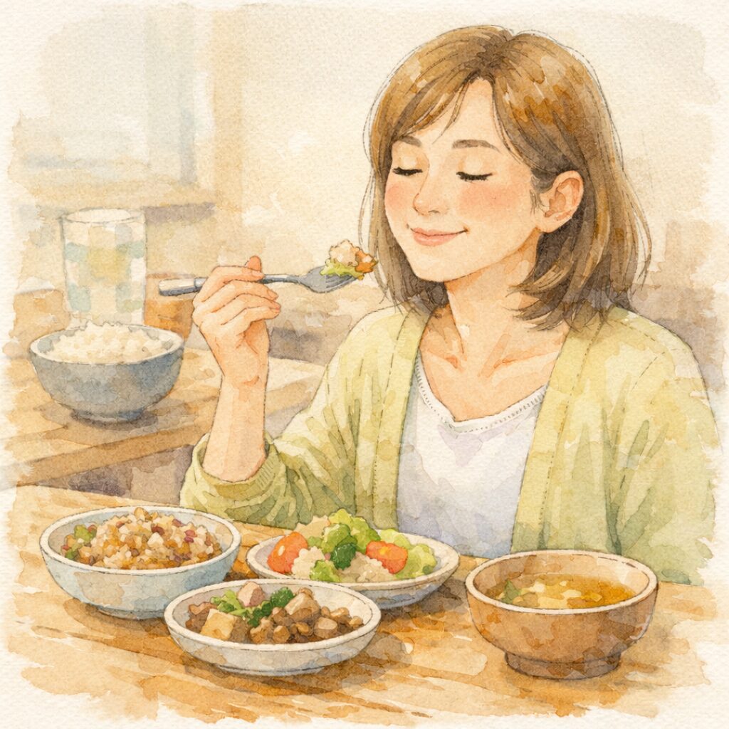 大豆を使わない食事を前に、満足そうな表情で食べている女性を描いた水彩イラスト
