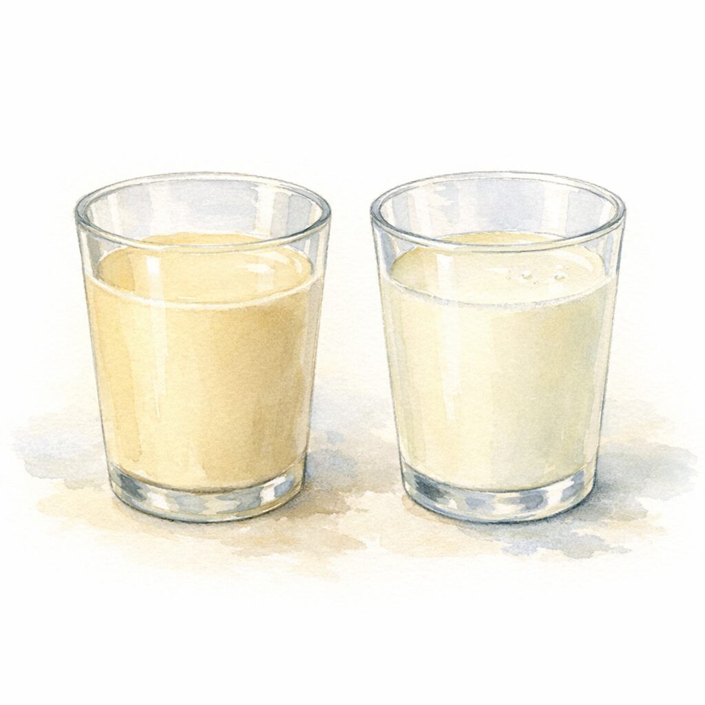 濃さの異なる2つの豆乳を並べて描いた水彩イラスト｜製法の違いで味や体感が変わるイメージ