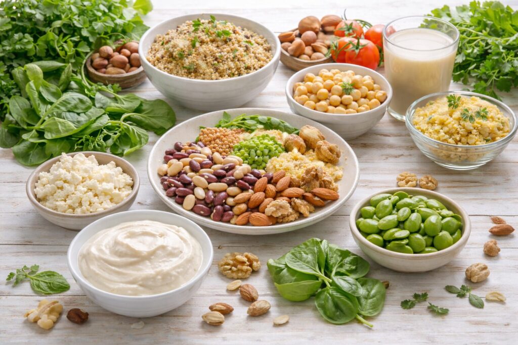 穀類や豆類、ナッツ、野菜など、大豆以外の植物性食品が並ぶ食卓の写真