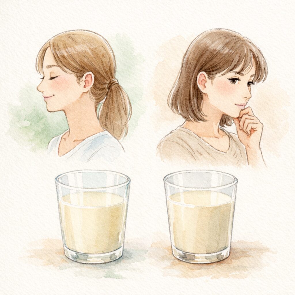 豆乳を前に異なる表情を見せる女性を描いた水彩イラスト｜体に合う合わないの個人差を表すイメージ