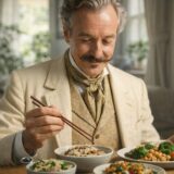 大豆を使わず穀類や豆類、野菜中心の食事を楽しむ40代のヴィーガン男性の食卓風景