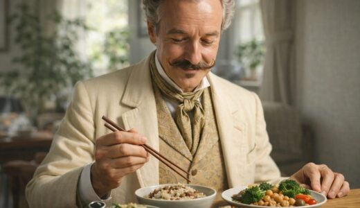 大豆を使わず穀類や豆類、野菜中心の食事を楽しむ40代のヴィーガン男性の食卓風景