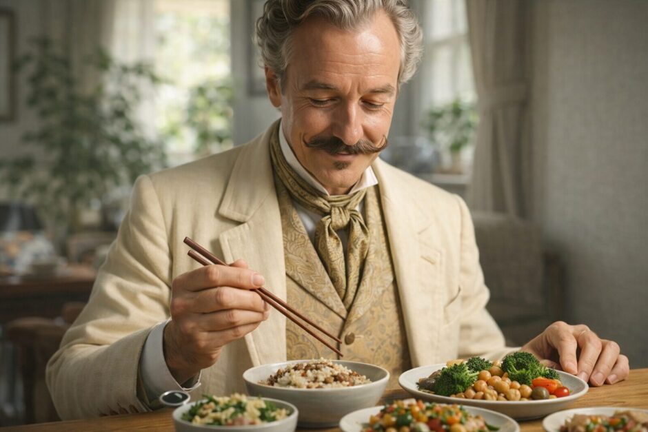 大豆を使わず穀類や豆類、野菜中心の食事を楽しむ40代のヴィーガン男性の食卓風景