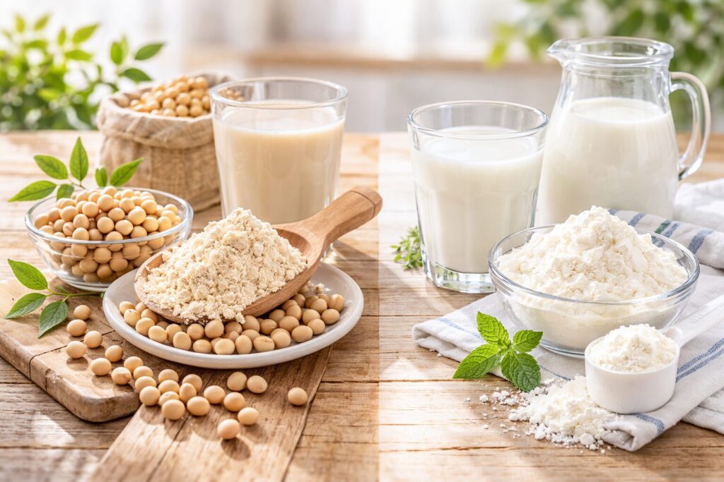 ソイプロテインとホエイプロテインの違いを示す大豆と牛乳の比較写真