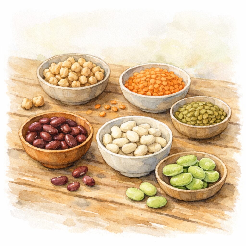 ひよこ豆やレンズ豆、金時豆、白いんげん豆、そら豆などの豆類が並ぶ食卓の水彩イラスト