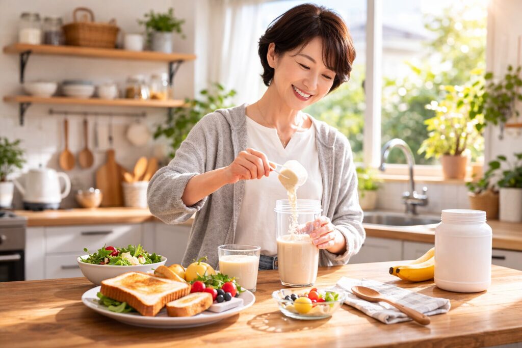 40代女性が朝食にソイプロテインを取り入れてたんぱく質を無理なく補う様子