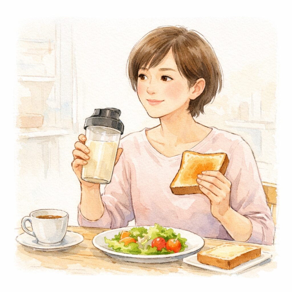 40代女性が食事と一緒にプロテインを取り入れてたんぱく質を補う様子の水彩イラスト