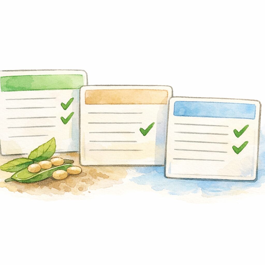 3枚の成分カードを並べてチェックマークで比較している水彩イラスト