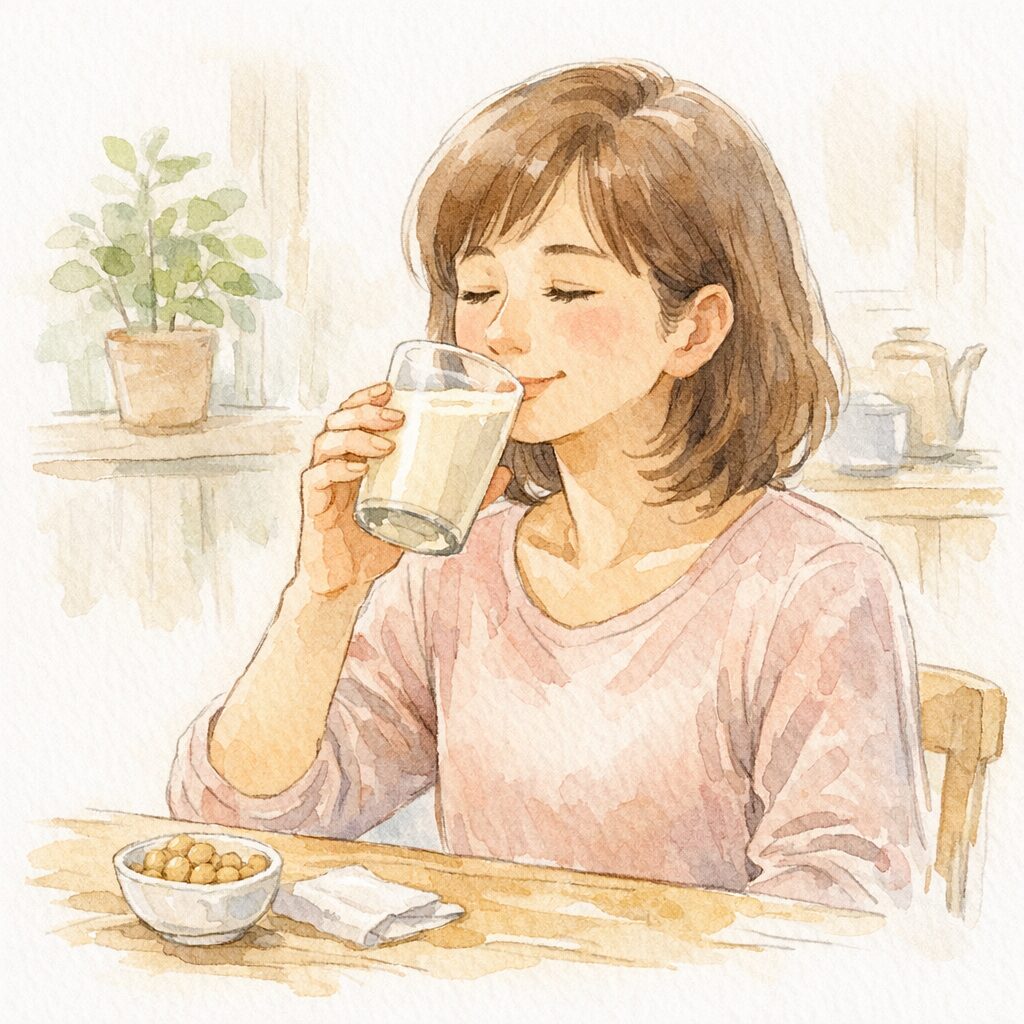 調整豆乳を飲む女性の穏やかな日常を描いた水彩イラスト｜飲みやすさから生まれた調整豆乳の背景