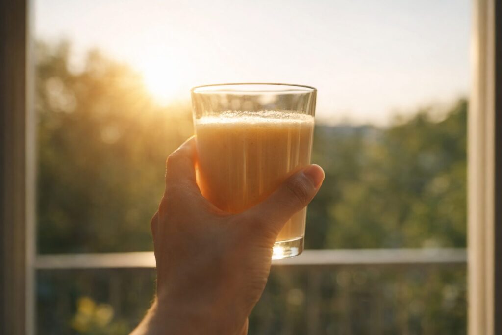 朝のベランダで太陽にかざしたソイプロテインのグラスを、持ち主の目線で撮影した横長写真
