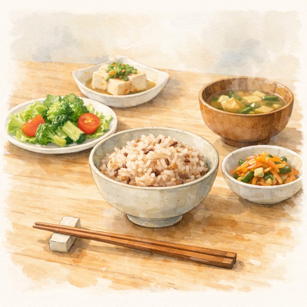 雑穀ごはんを中心に、野菜のおかずや汁物が控えめに添えられた食卓の水彩イラスト